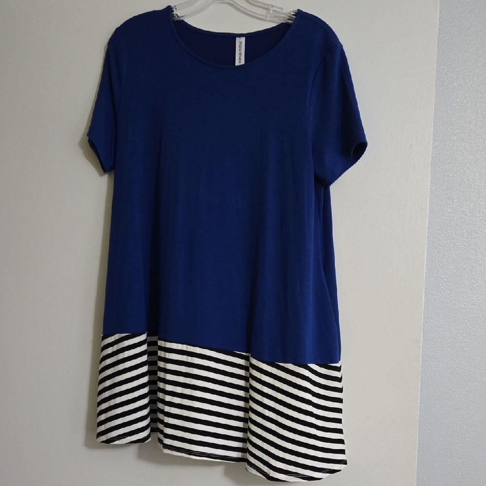 Zenana Premium Blue With Black And White Striped Bottom Tunic